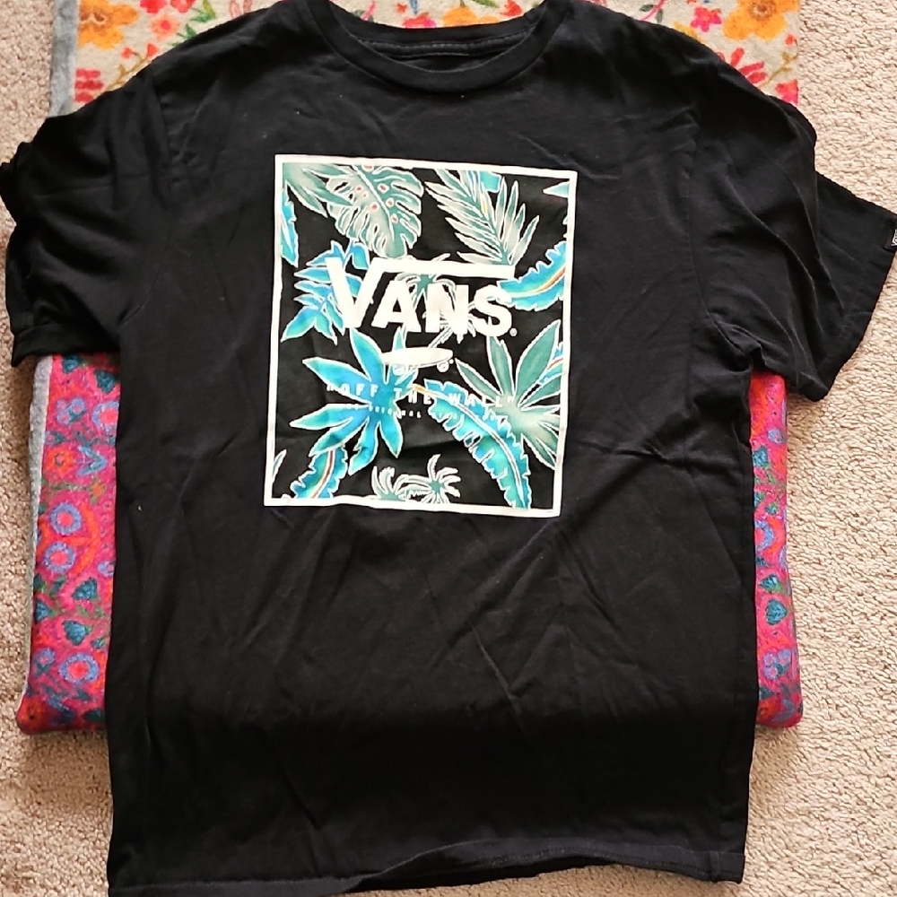 Boys Vans Black Tee with Tropical Leaf Design